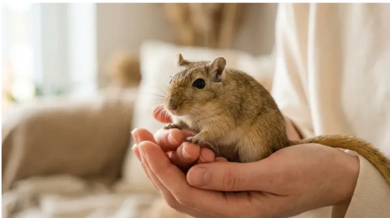 Owner gently holding a Mongolian gerbil in cupped hands to show safe handling during a suspected Gerbil Tail Slip injury