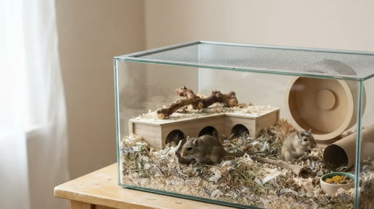 Gerbil Tank Size guide showing two Mongolian gerbils in a spacious glass gerbilarium with deep bedding and natural enrichment