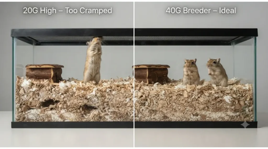 Side-by-side comparison of 20-gallon high vs 40-gallon breeder gerbil tank showing headroom after bedding depth