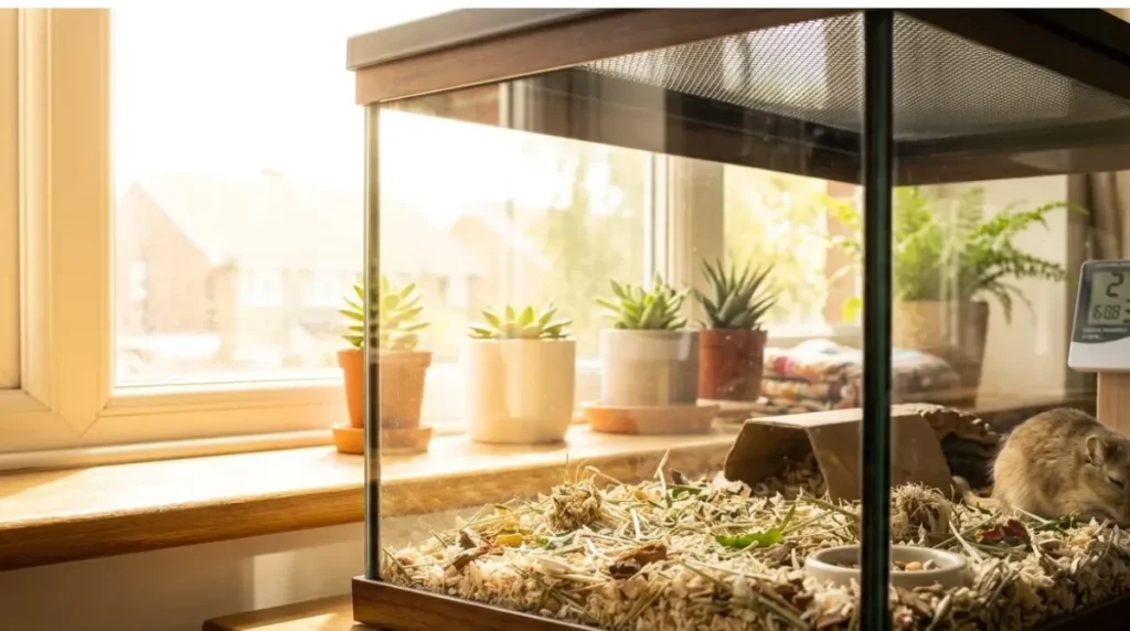 Gerbil Temperature: glass gerbil tank placed close to a sunny window, showing how direct sunlight can overheat the enclosure.