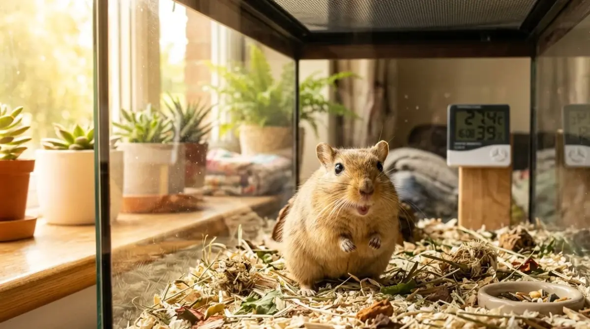 Gerbil Temperature: Mongolian gerbil in a glass tank near a sunny window on a hot summer day, with a thermometer at tank height.
