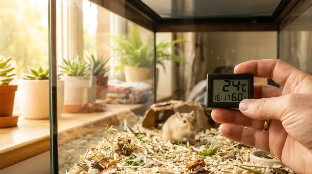 Gerbil Temperature: digital thermometer showing 24°C beside a gerbil tank, placed at tank height and away from direct sunlight.