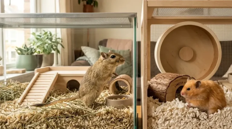 Gerbil vs Hamster comparison showing a Mongolian gerbil in a deep-bedded tank beside a Syrian hamster in a spacious enclosure.
