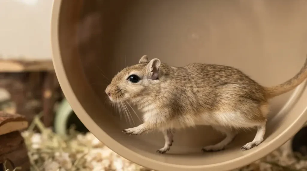 Mongolian gerbil running with a flat back in a correctly sized gerbil wheel