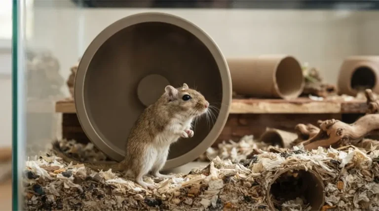 Mongolian gerbil beside a large solid gerbil wheel in a deep-bedding glass tank