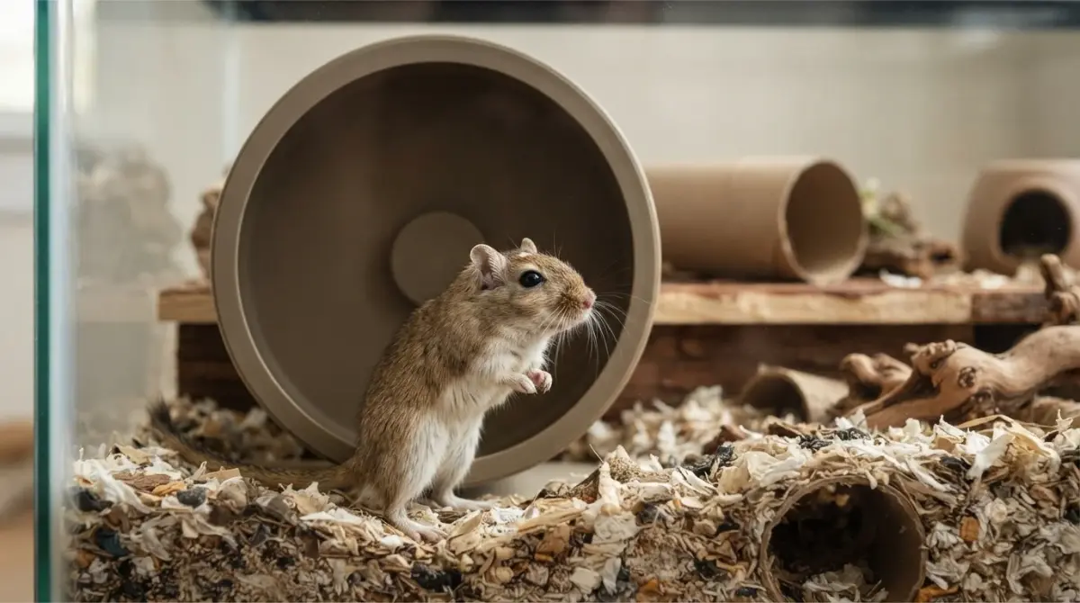 Mongolian gerbil beside a large solid gerbil wheel in a deep-bedding glass tank