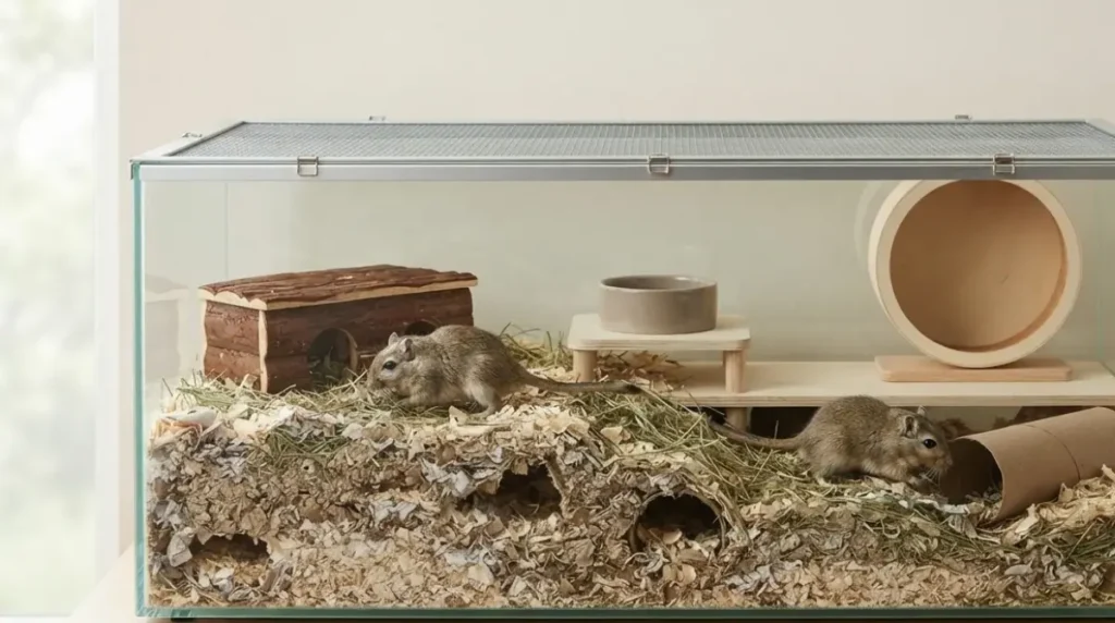 Gerbil Tank Size example showing a spacious glass gerbilarium for two Mongolian gerbils with deep bedding and unbroken floor space