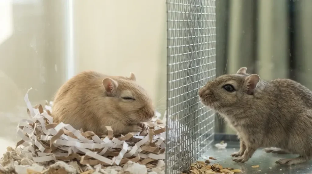 Two Gerbils calmly investigating each other through a split-cage mesh divider