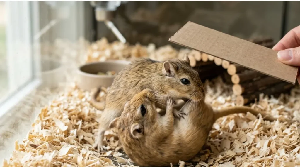 Gerbils Fighting in a ball fight inside a glass tank while an owner prepares to separate them with a cardboard divider.