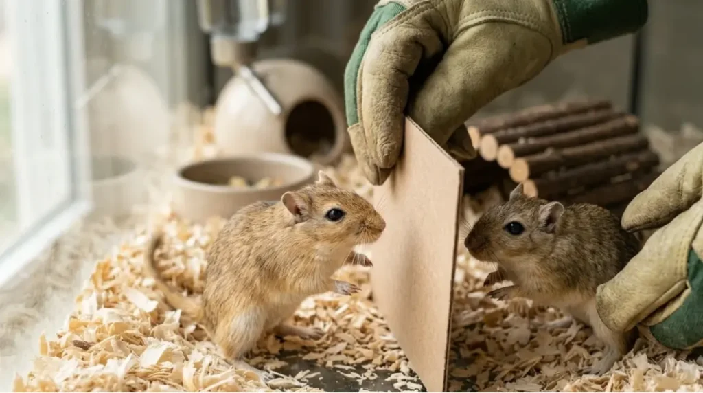 Gerbils Fighting safely separated by an owner wearing thick gloves and using a cardboard barrier inside a glass tank.