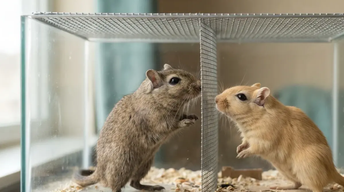 Two Gerbils separated by a secure mesh divider during a split-cage introduction
