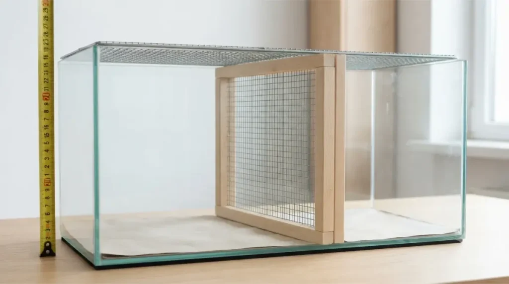 Secure mesh divider reaching the floor and sides of a glass Gerbils tank