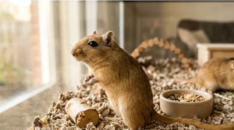 How Long Do Gerbils Live: a healthy Mongolian gerbil standing on deep bedding in a spacious glass tank with a companion gerbil nearby.