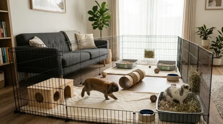 Large Indoor Rabbit pen measuring 3m by 2m in a bright living room with two rabbits, fleece flooring, hay, litter trays and hides
