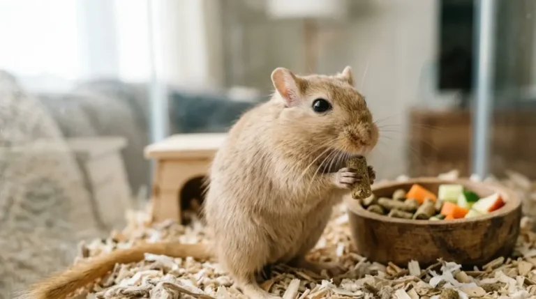 Mongolian gerbils eat gerbil-formulated pellets as their main food, with small pieces of carrot, cucumber, and apple as fresh extras
