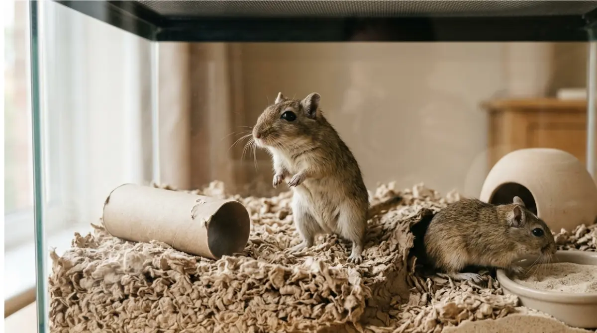 Two Mongolian Gerbils in a large glass tank with deep paper bedding, cardboard tube, ceramic hide, and sand bath