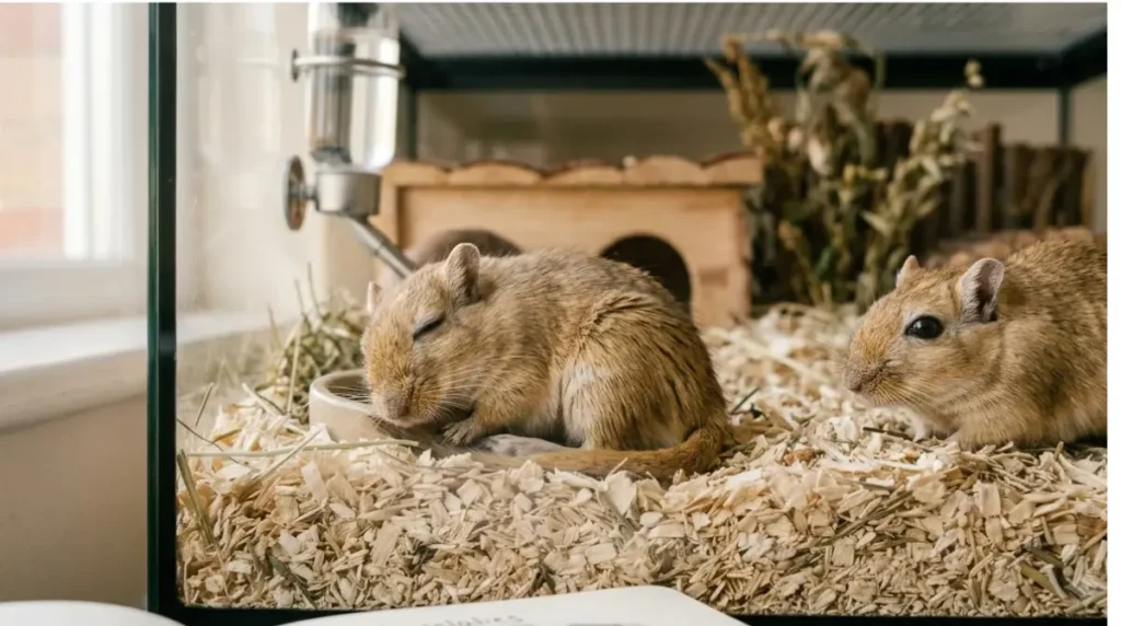 Old Gerbil Care: senior Mongolian gerbil sleeping in bedding beside its cage mate