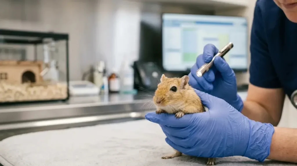 Old Gerbil Care: exotic veterinarian gently examining an older Mongolian gerbil