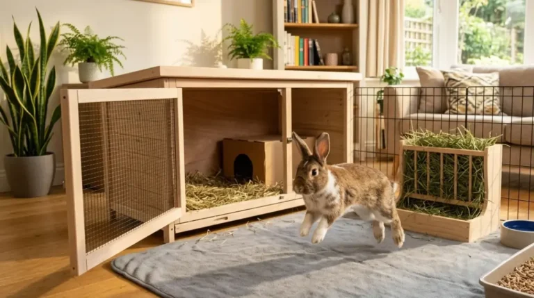 Pet Rabbit hopping from an open hutch into a large indoor exercise pen, showing a hutch should be a bedroom, not the whole home.