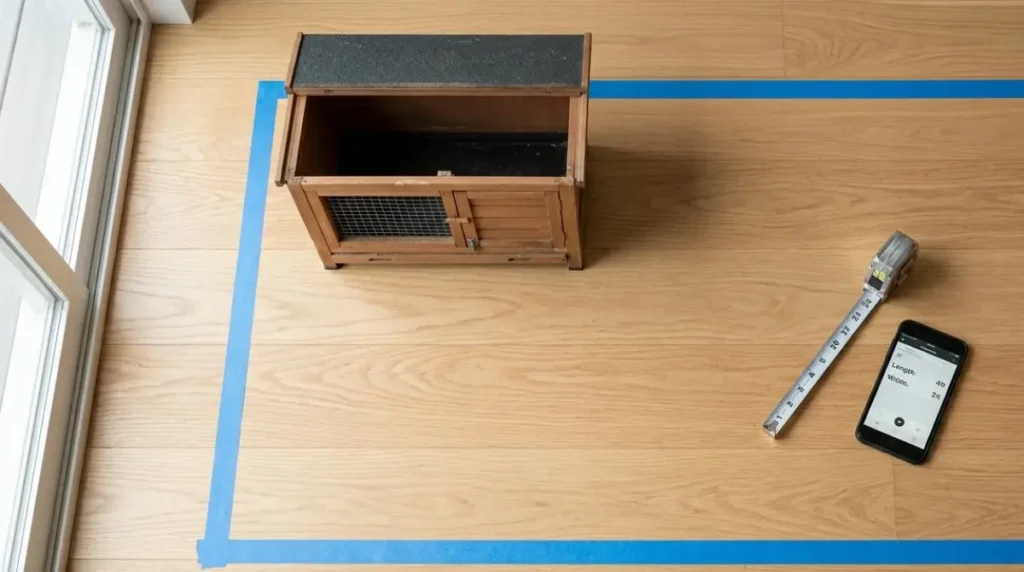 Small hutch placed inside a larger tape-marked floor area, showing how little space a typical hutch gives a Pet Rabbit.
