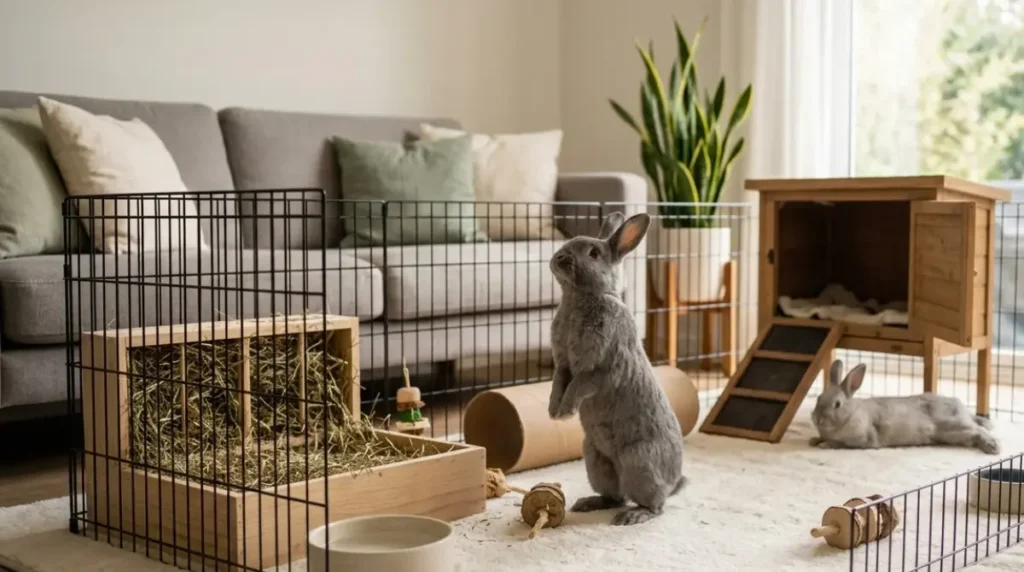Best Rabbit Hutch guidance illustrated by a small hutch connected to a larger indoor pen, showing why a hutch alone is not enough space.