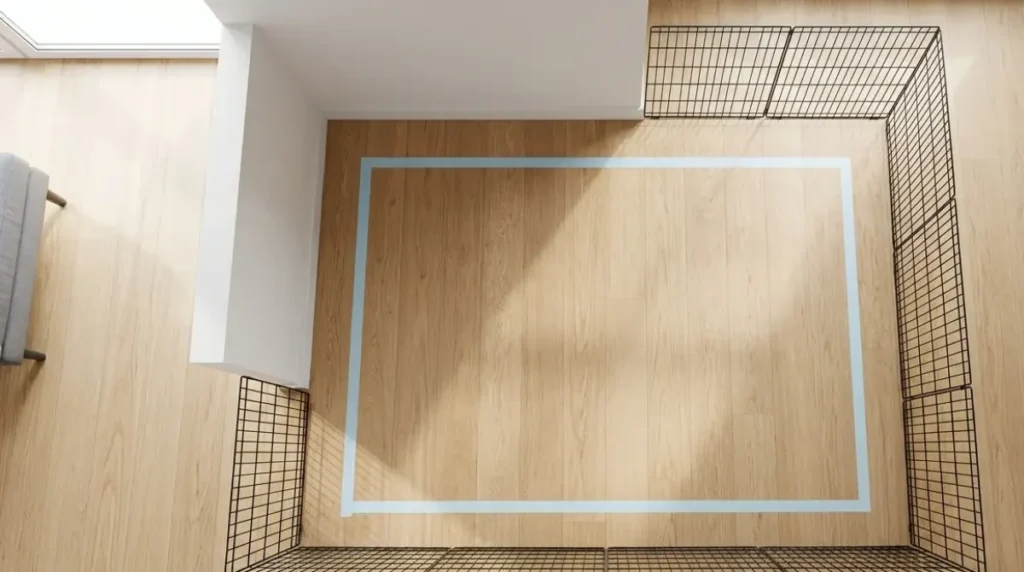 Overhead view of nine 24-inch pen panels forming a 10 x 8 ft rabbit pen in a room corner