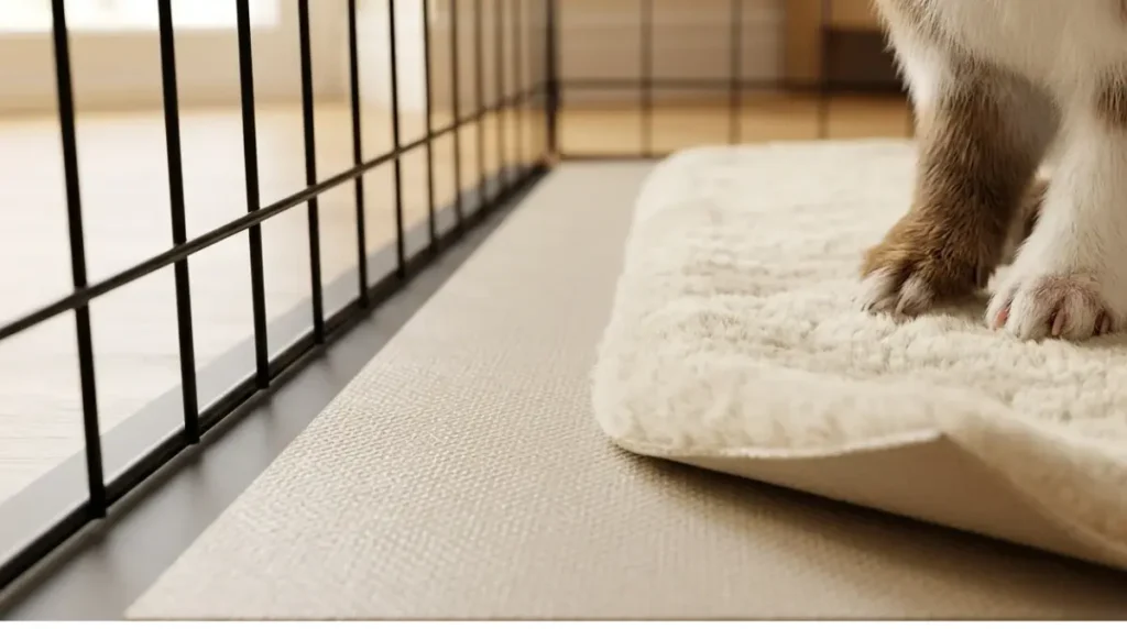 Non-slip lino and fleece flooring inside an indoor rabbit pen, with a rabbit’s paws on the surface