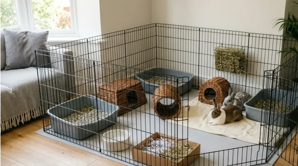 Indoor rabbit pen in a living-room corner with wire panels, non-slip flooring, hides, hay, and two rabbits