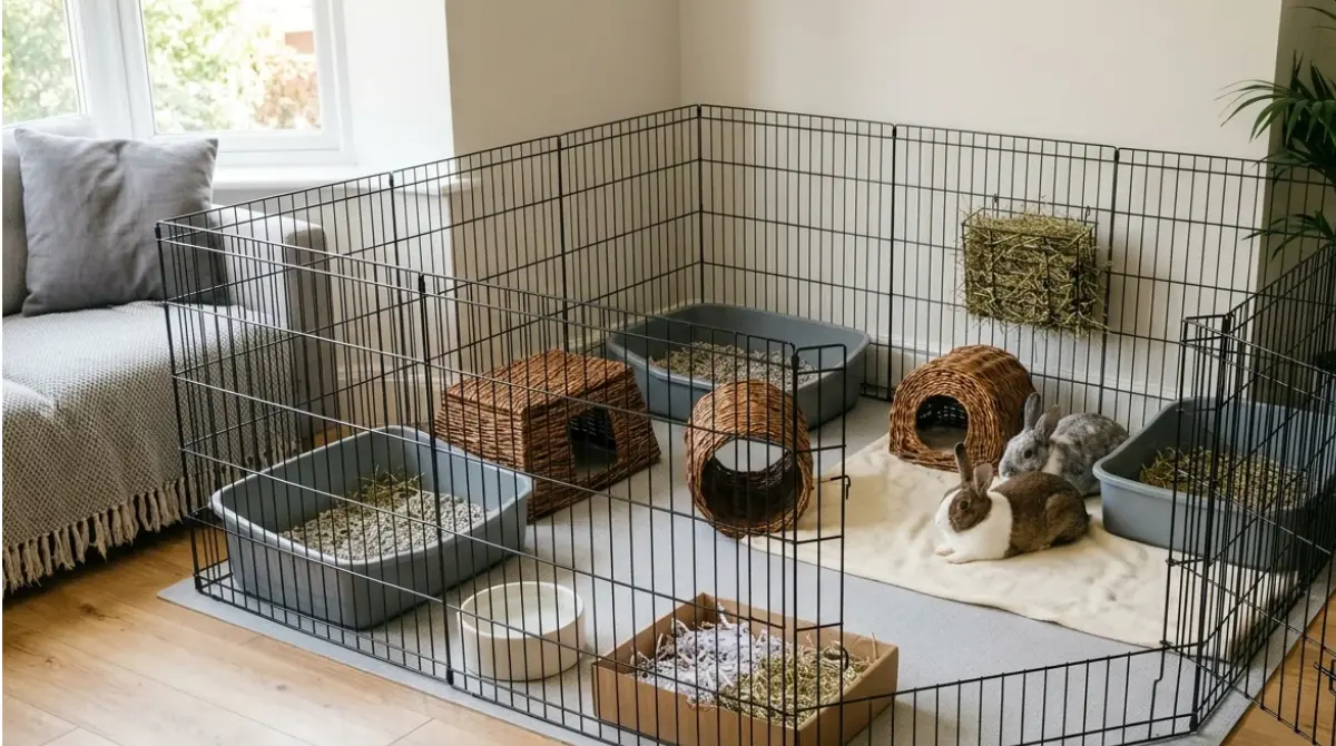 Indoor rabbit pen in a living-room corner with wire panels, non-slip flooring, hides, hay, and two rabbits
