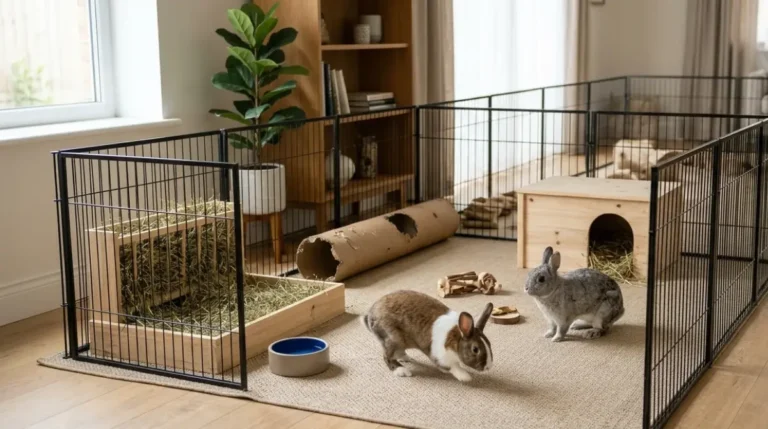 Two rabbits in a large indoor exercise pen with a hide house, litter tray and toys, showing the recommended rabbit space of 3m x 2m