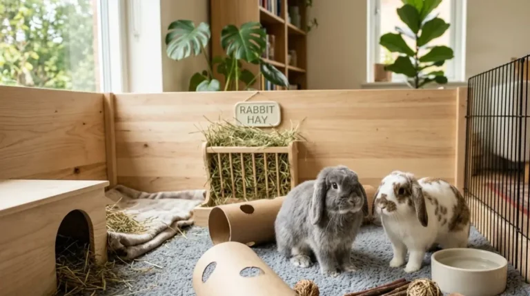 Two bonded rabbits in a large indoor enclosure, showing the Space rabbits need to run, play, and rest comfortably.