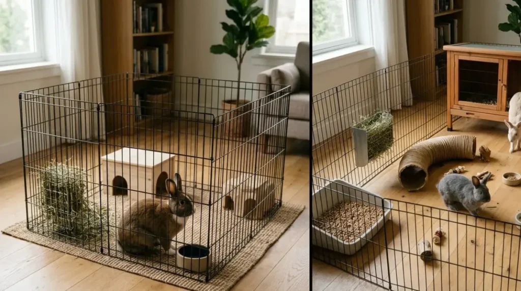 Small 4x4 rabbit pen compared with a larger connected rabbit space that includes a hutch used as a sleeping shelter