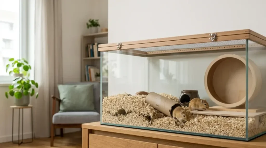 A Gerbil Tank placed safely against an interior wall away from sunlight and radiators