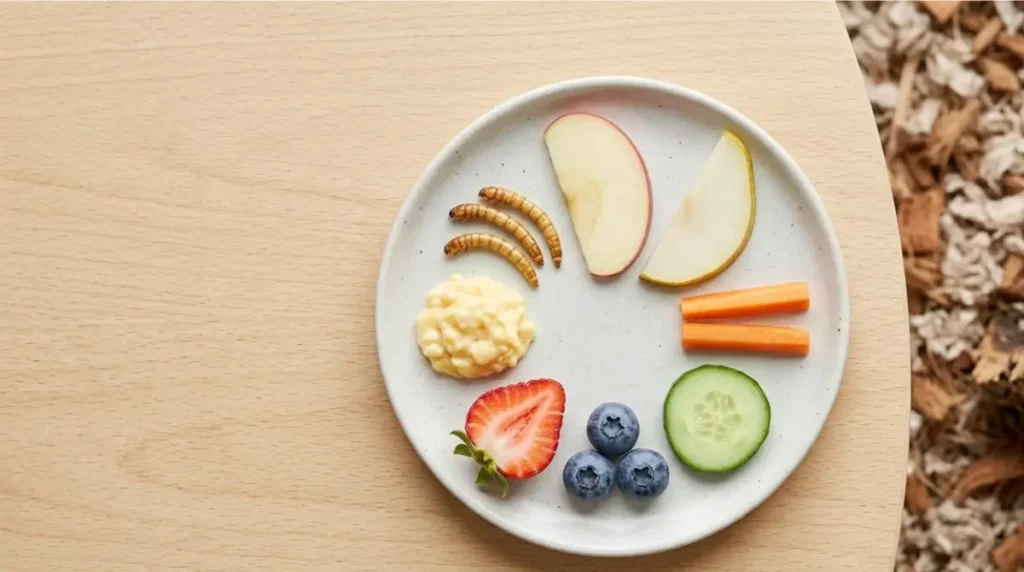 What Can Gerbils Eat: small portions of safe gerbil treats including apple, carrot, cucumber, blueberries, strawberry, egg and mealworms