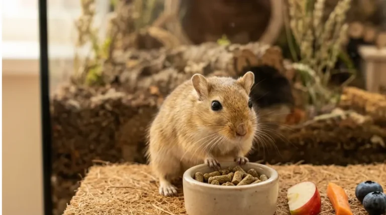 What Can Gerbils Eat: Mongolian gerbil beside a dish of pellets and small safe treats including apple, carrot and blueberries