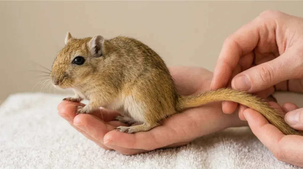 Close-up of an owner carefully inspecting a Mongolian gerbil’s tail for early signs of Gerbil Tail Slip
